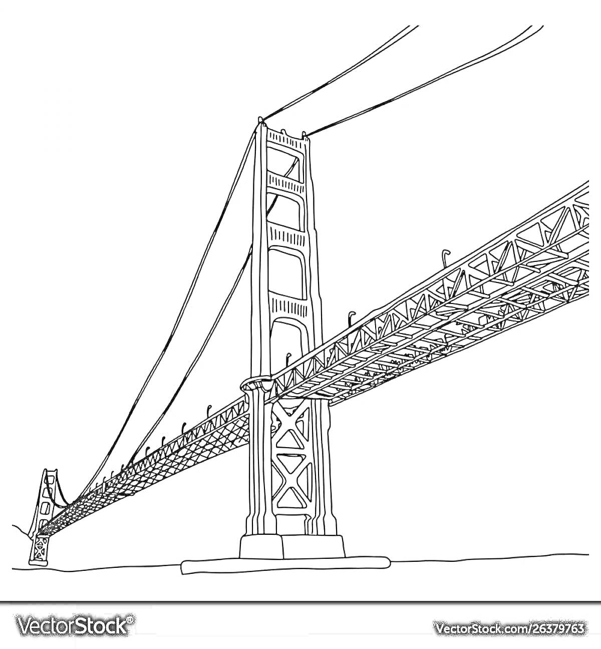 Раскраска Рисунок моста Золотые Ворота с подвесными тросами и опорами, вид сбоку