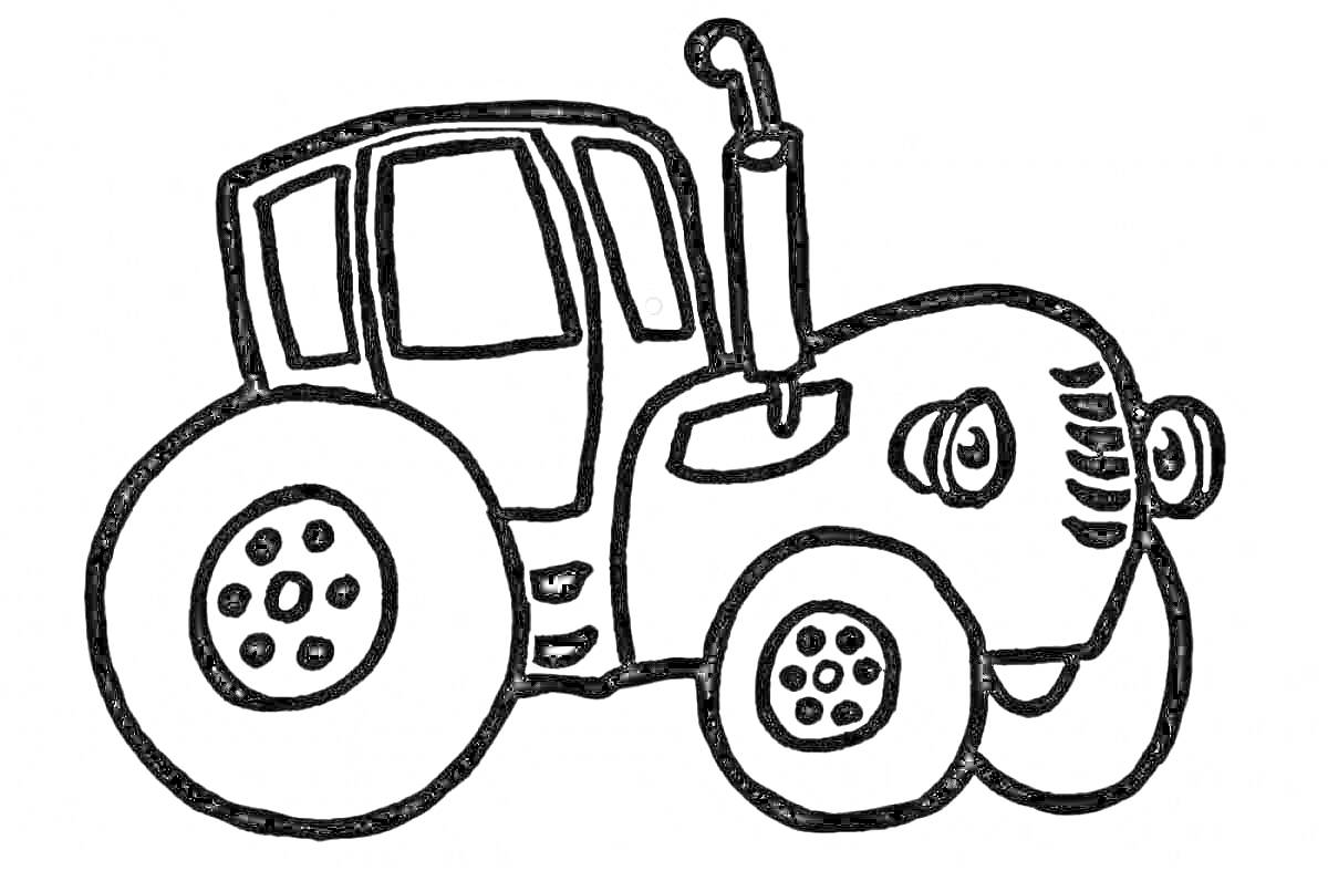 На раскраске изображено: Трактор, Синий трактор, Транспорт, Большие колеса, Сельскохозяйственная техника, Для малышей, Для детей, Выхлопные трубы, Развивающие задания