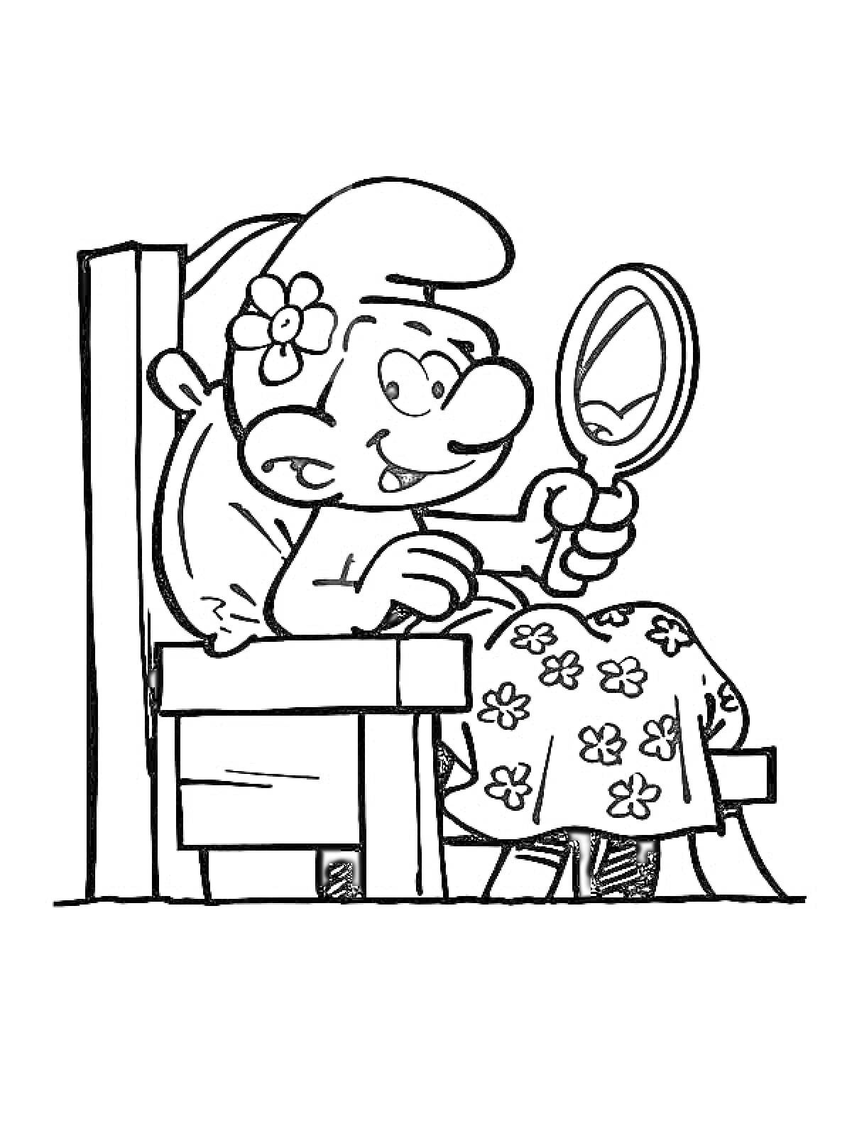Раскраска Смурфик с цветком за ухом, сидящий на стуле и смотрящий в зеркало