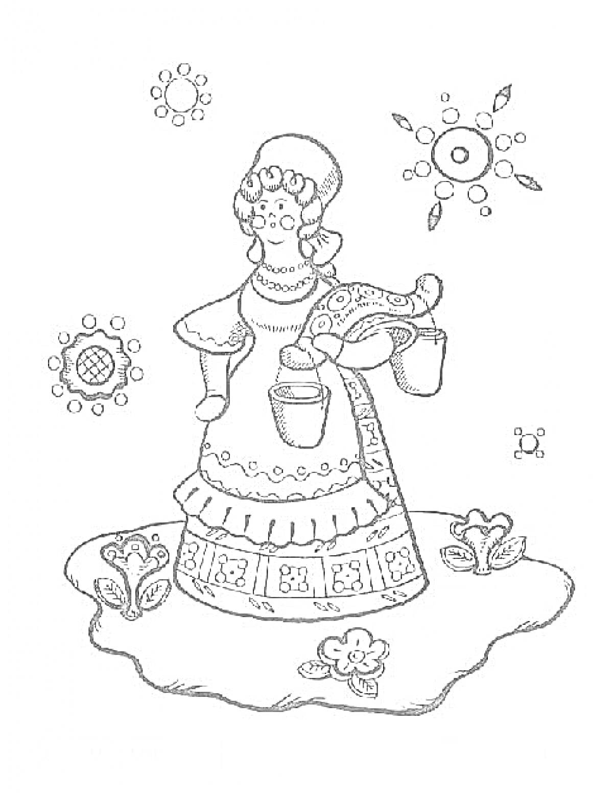 Раскраска Женщина в традиционной одежде, с чашками на коромысле, цветы, декоративные орнаменты