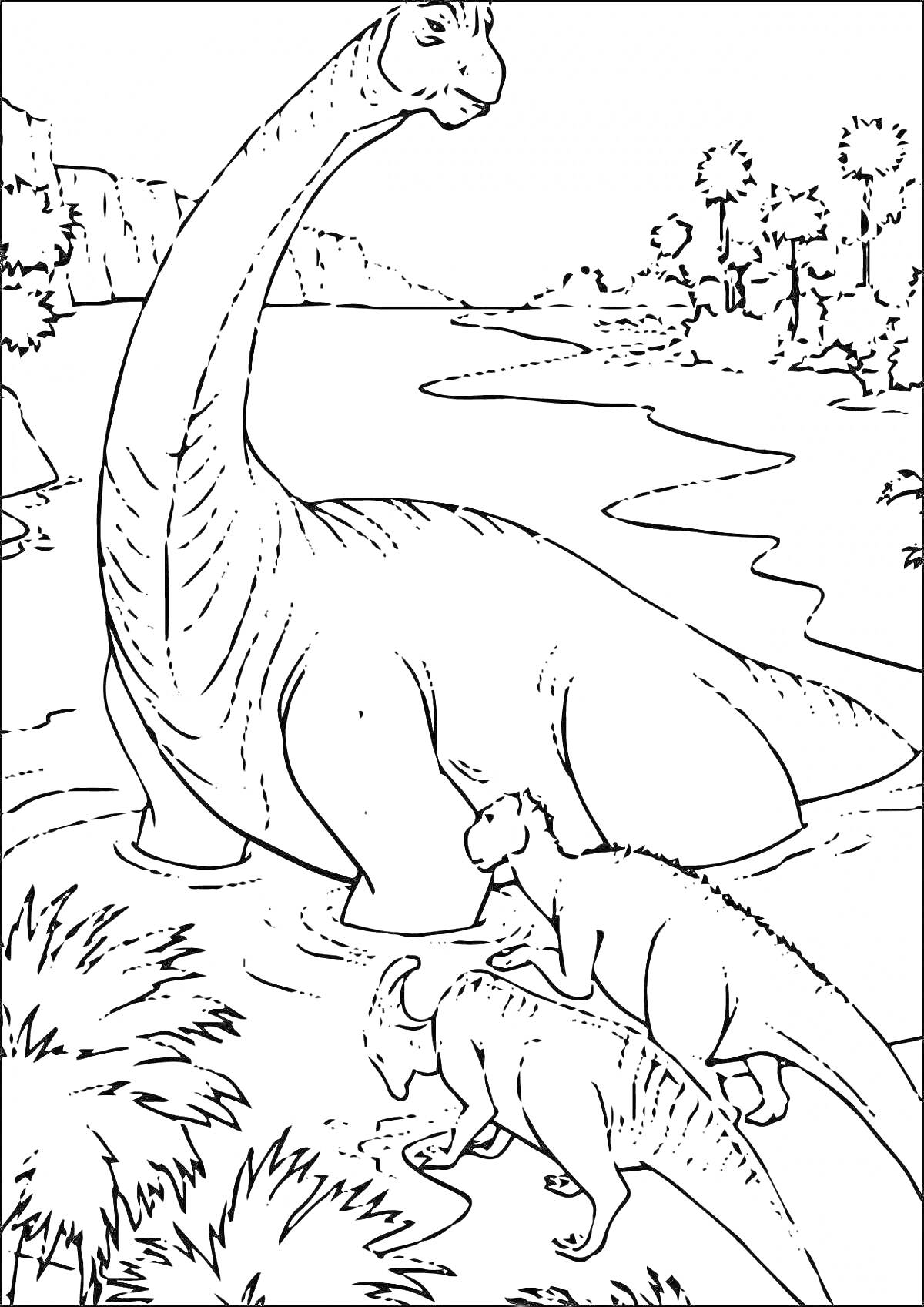 Раскраска Динозавры у водоема