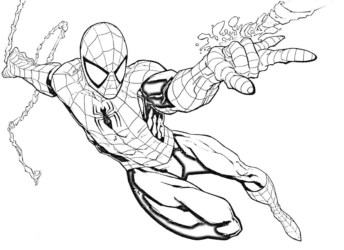 Раскраска Человек-паук, стреляющий паутиной в полете