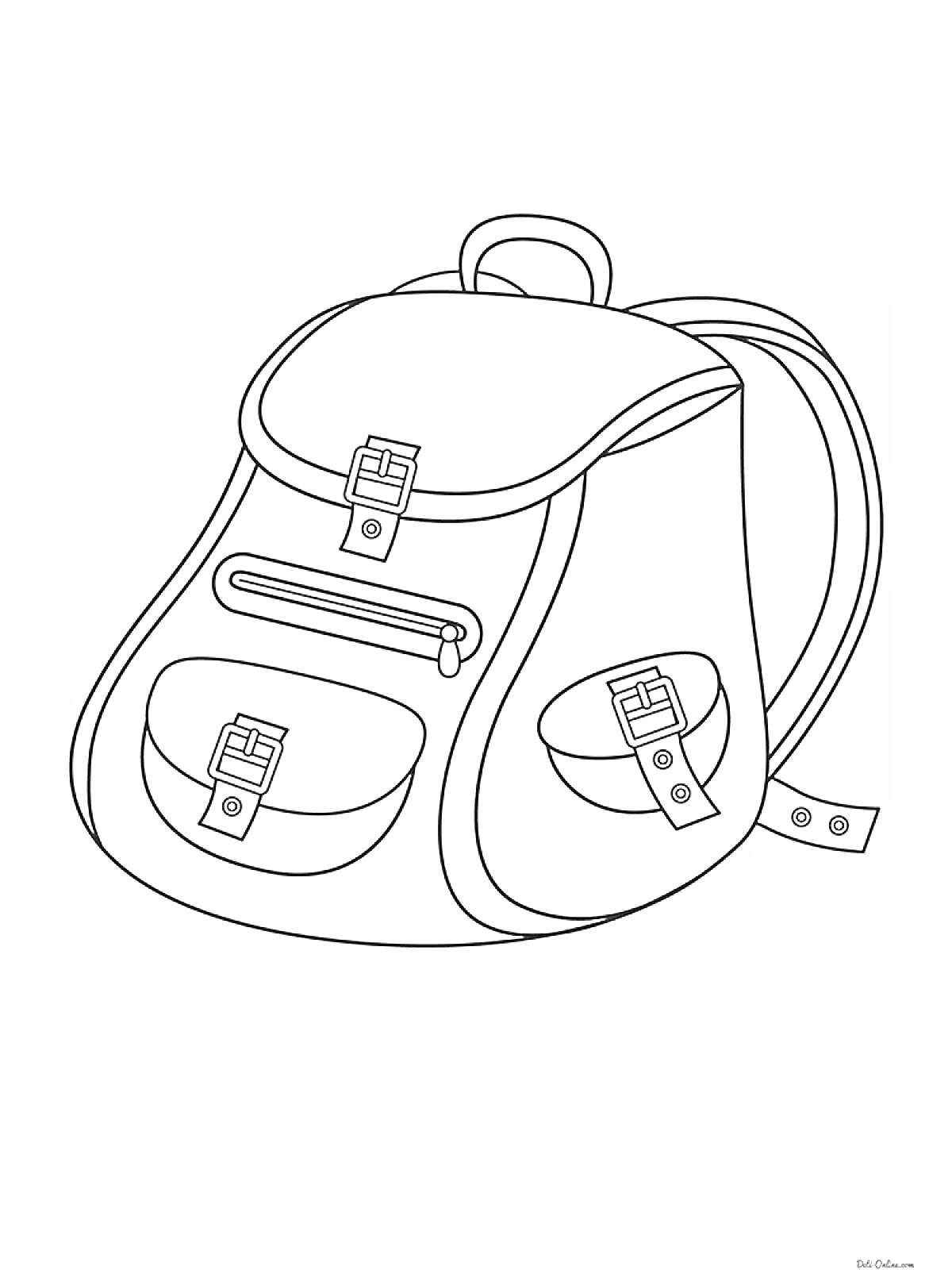 На раскраске изображено: Рюкзак, Карманы, Молния, Ремешки, Школьный рюкзак, Покраска