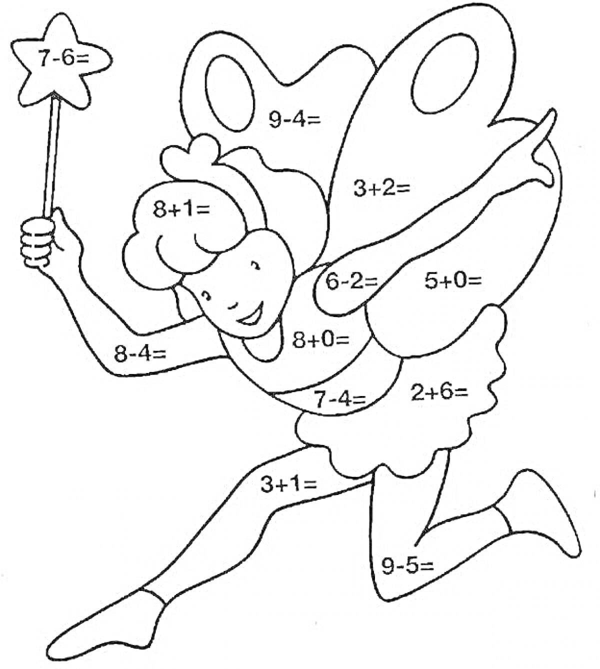 Раскраска Фея с математическими примерами и числовыми уравнениями (7-6, 9-4, 8+1, 3+2, 5+0, 6-2, 8-4, 7-4, 2+6, 3+1, 9-5)