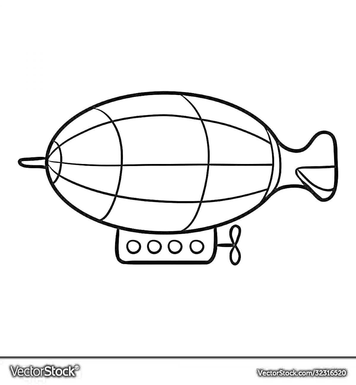 Раскраска Дирижабль с гондолой и пропеллером