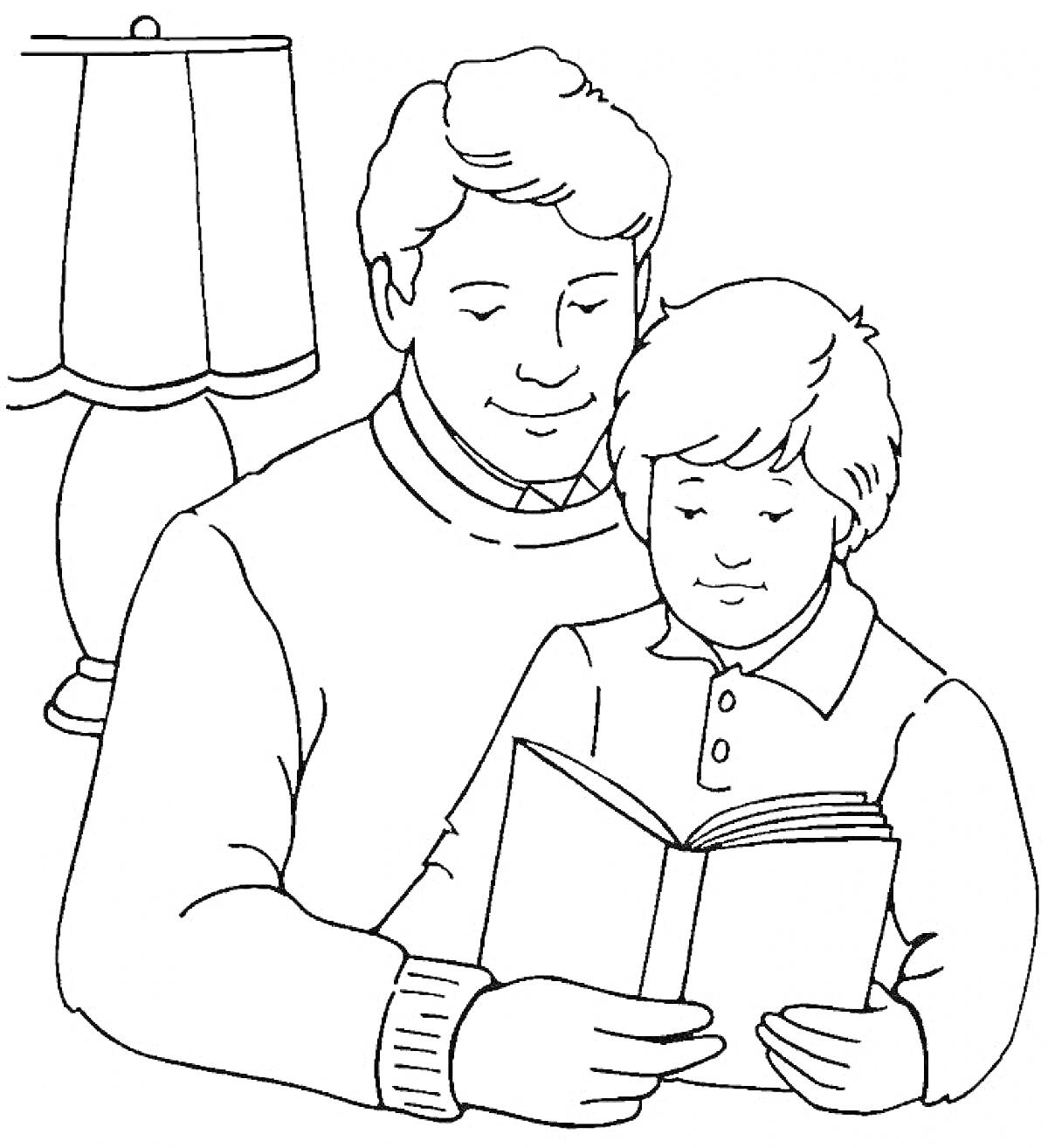 На раскраске изображено: Сын, Книга, Чтение, Лампа, Семья, Отец