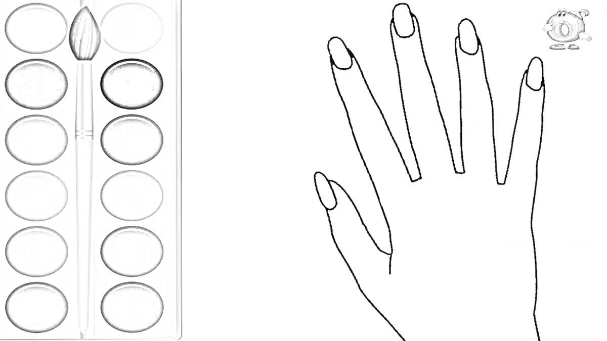 Раскраска Рука с красками для обучения цветов (черно-белая). В левой части картинки расположена вертикальная палитра из девяти черно-белых красок и кисточка, в правой части — контур руки.