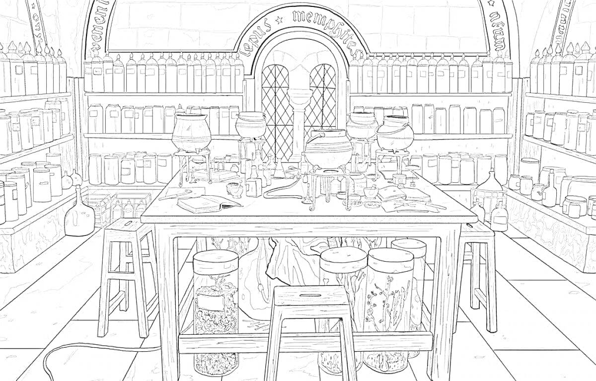 Раскраска Класс зелий в Хогвартсе. На фото - стол с котлами, пробирками и ингредиентами, книжные полки с книгами, сводчатый потолок с арками, стулья, два окна с витражами.