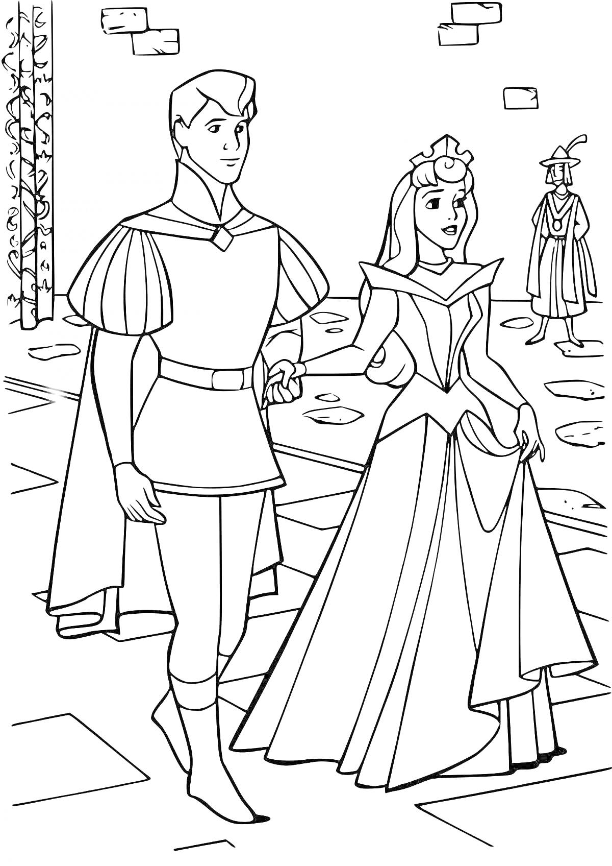 Раскраска Принц и принцесса гуляют по замку, вдалеке человек в шляпе