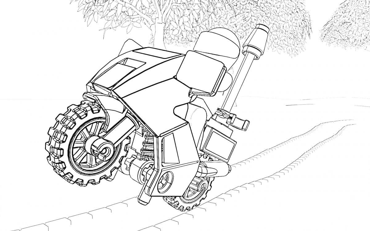 На раскраске изображено: Лего, Полиция, Лего Сити, Мотоцикл, Лес, Деревья