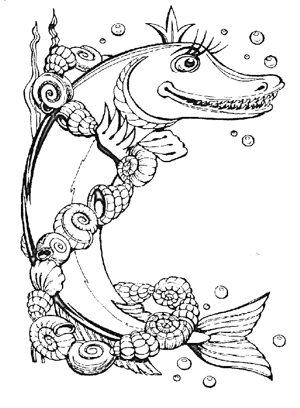 На раскраске изображено: Щука, Рыба, Подводный мир, Пузыри
