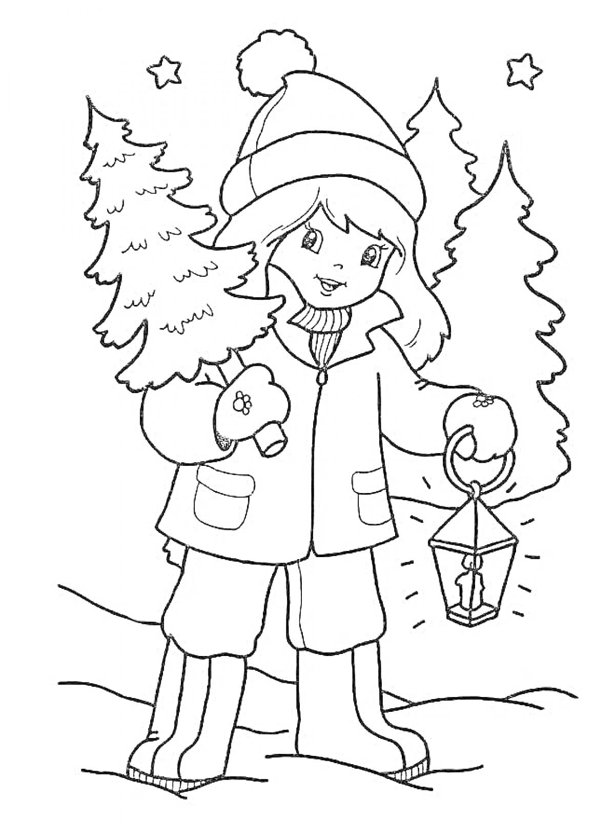 Раскраска Девочка в зимней одежде с фонариком на зимней природе