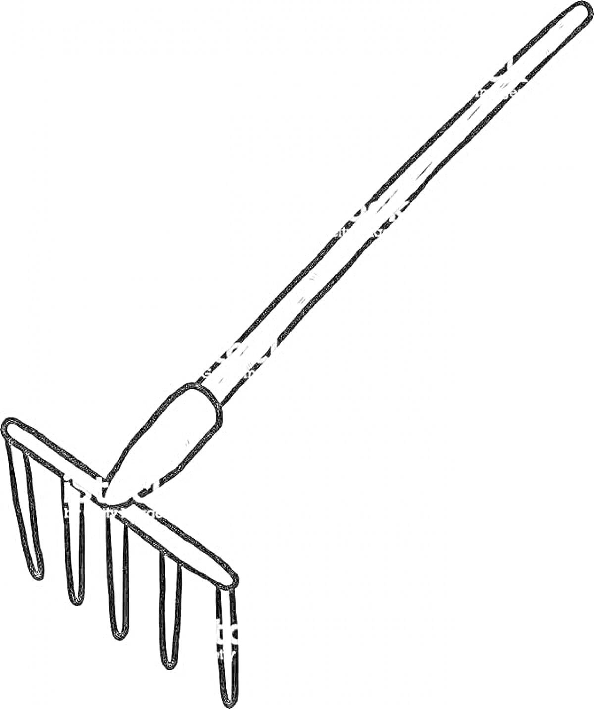 На раскраске изображено: Грабли, Садовый инструмент, Ручка, Зубья, Садоводство, Инструмент