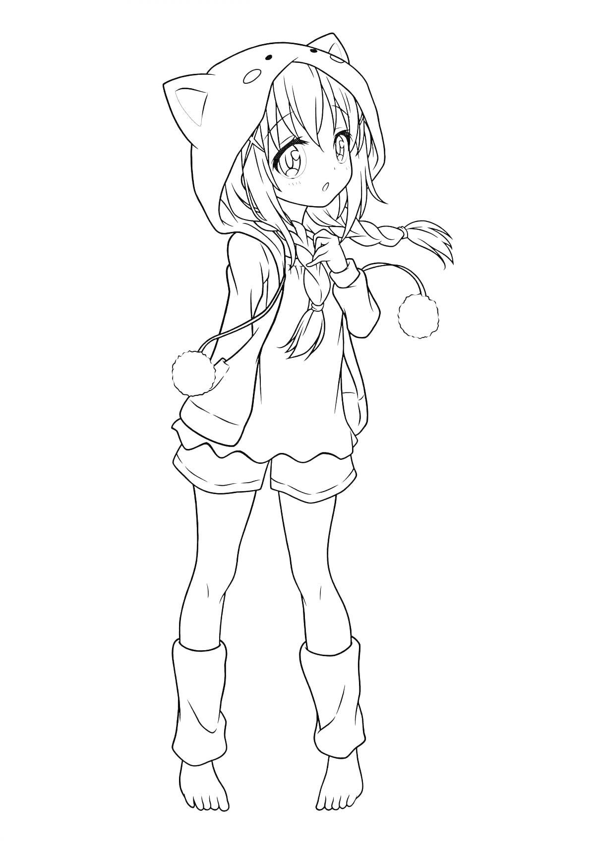 Раскраска аниме девушка в толстовке с капюшоном-ушками с помпонами, шорты, гетры