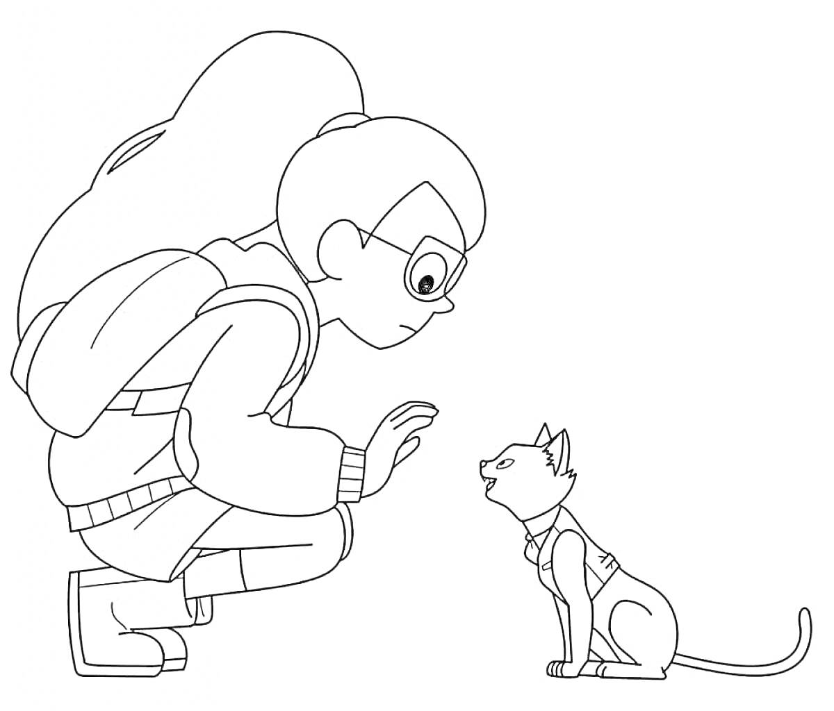 Раскраска девочка с рюкзаком и очками, гладит кота с ошейником