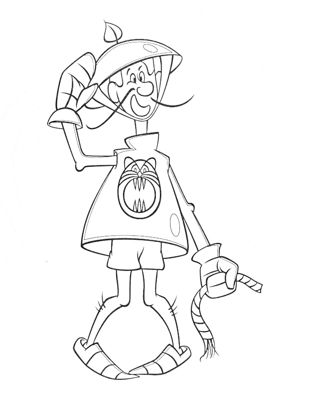 Раскраска Человек с усами в широкополой шляпе, колоколовидной рубашке с символом паука на груди, коротких шортах и с веревкой в руке