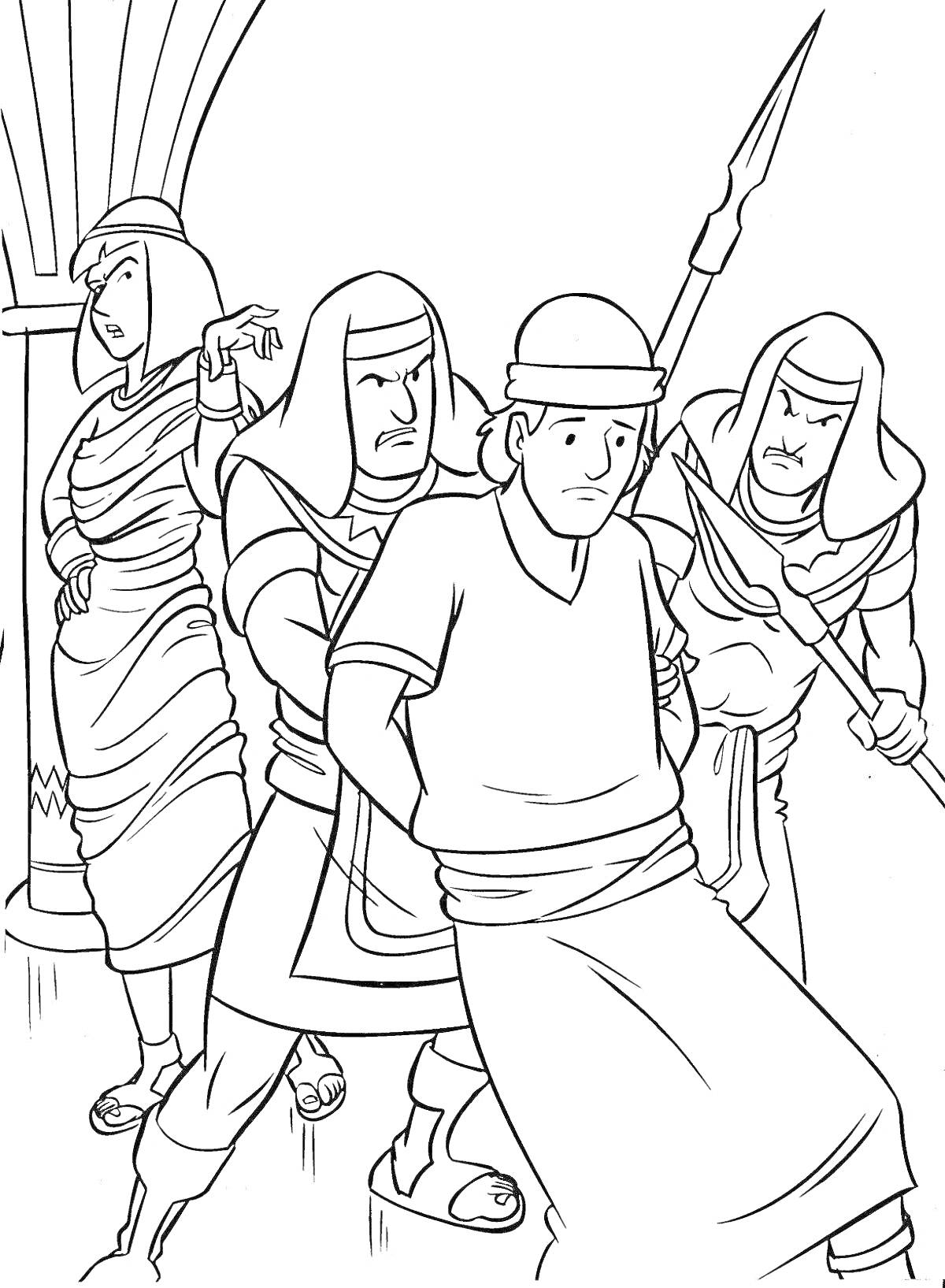Раскраска Иосиф в плену у египтян, изображение ареста с фигурами четырех людей, копьем и колонной на заднем плане