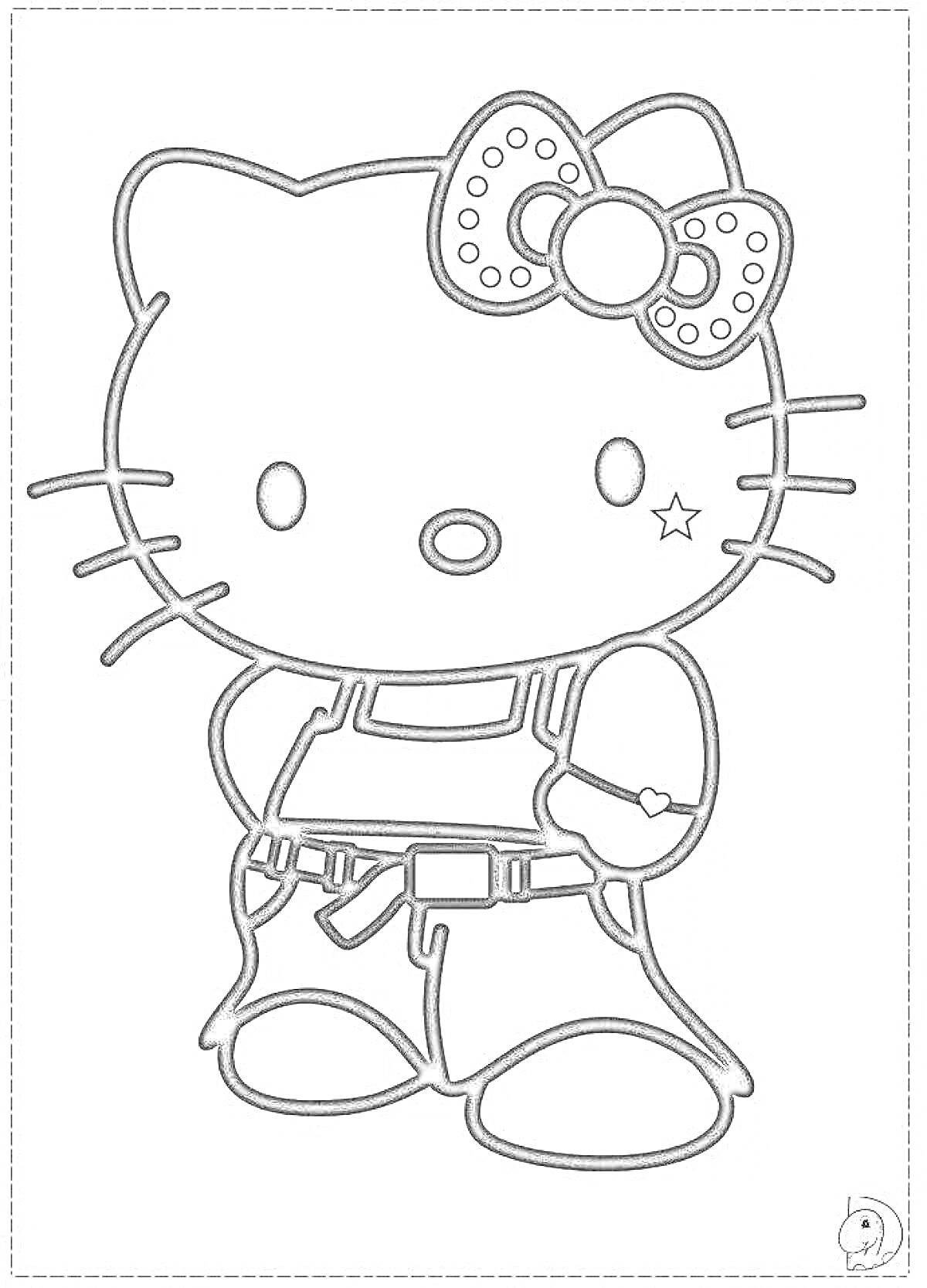 Раскраска Hello Kitty с бантом и звёздочкой на щеке в джинсах и жилетке