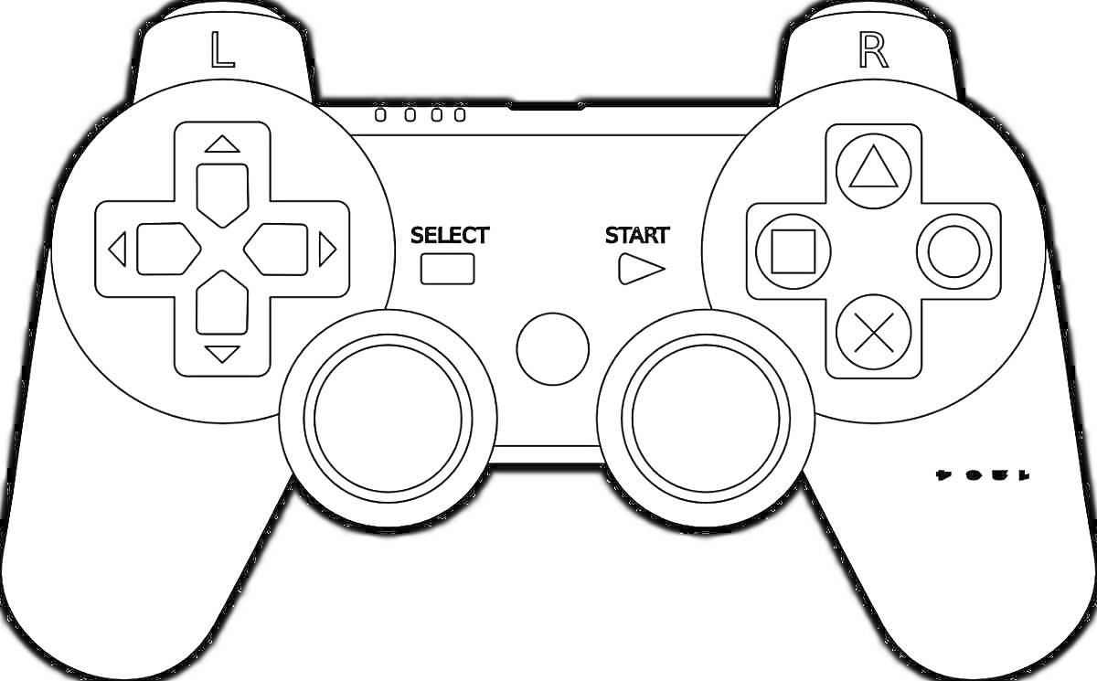 Раскраска Геймпад с кнопками L, R, крестовиной, двойными стиками, кнопками Select и Start, кнопками PlayStation, треугольник, круг, крест, квадрат