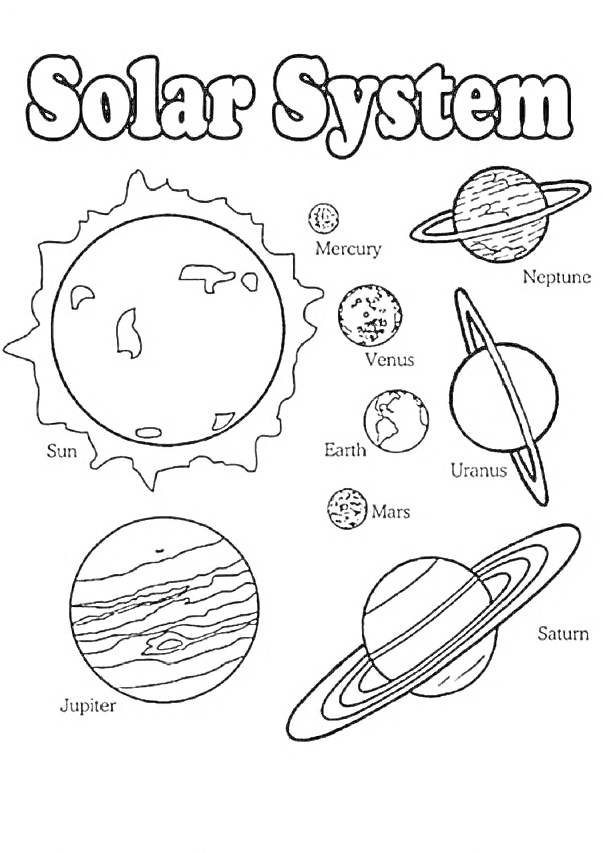 Раскраска Солнечная система с планетами: Солнце, Меркурий, Венера, Земля, Марс, Юпитер, Сатурн, Уран, Нептун