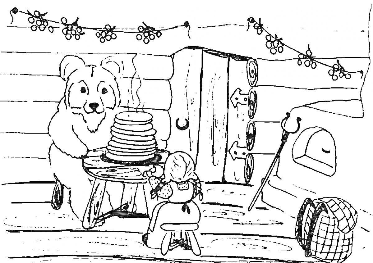 На раскраске изображено: Масленица, Медведь, Девочка, Изба, Гирлянда, Сковорода, Блинчики