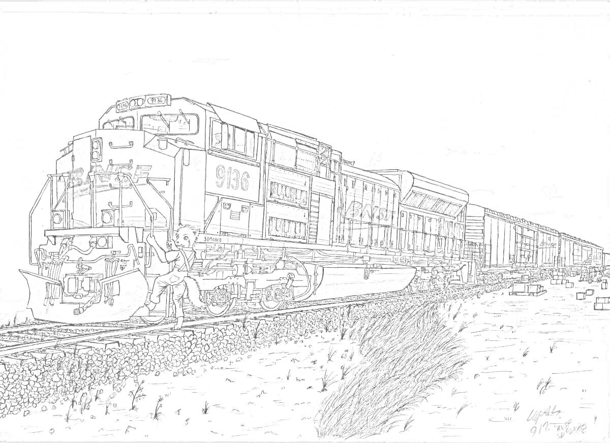Раскраска Российский грузовой поезд с локомотивом 938 и длинным составом на железнодорожных путях