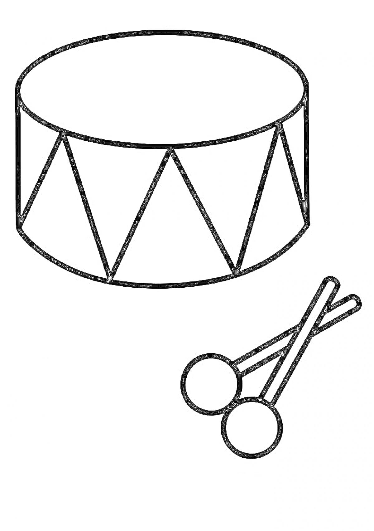 На раскраске изображено: Барабан, Музыкальный инструмент, Музыка, Для детей, Палочка