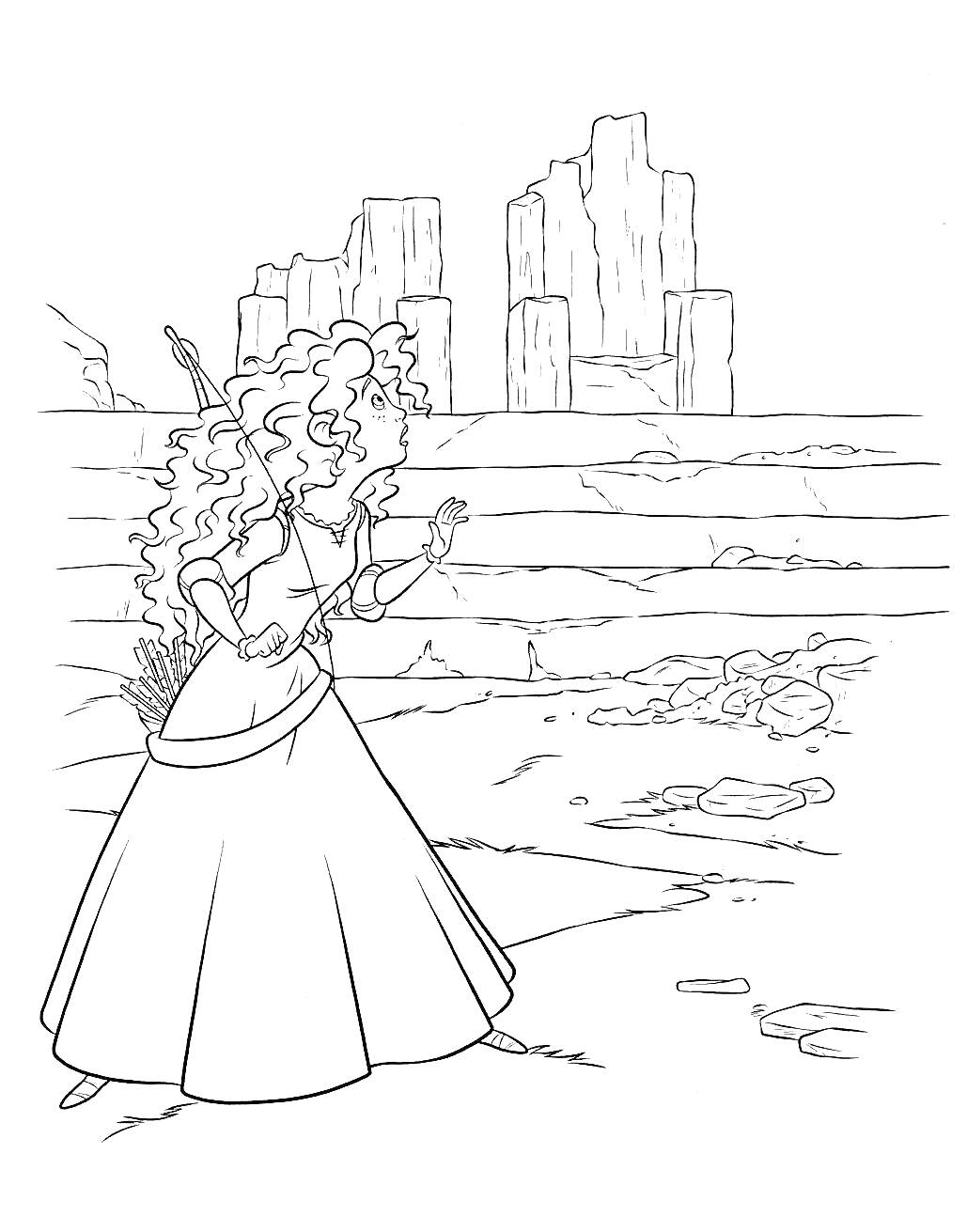 Раскраска Девочка с луком и стрелами перед руинами