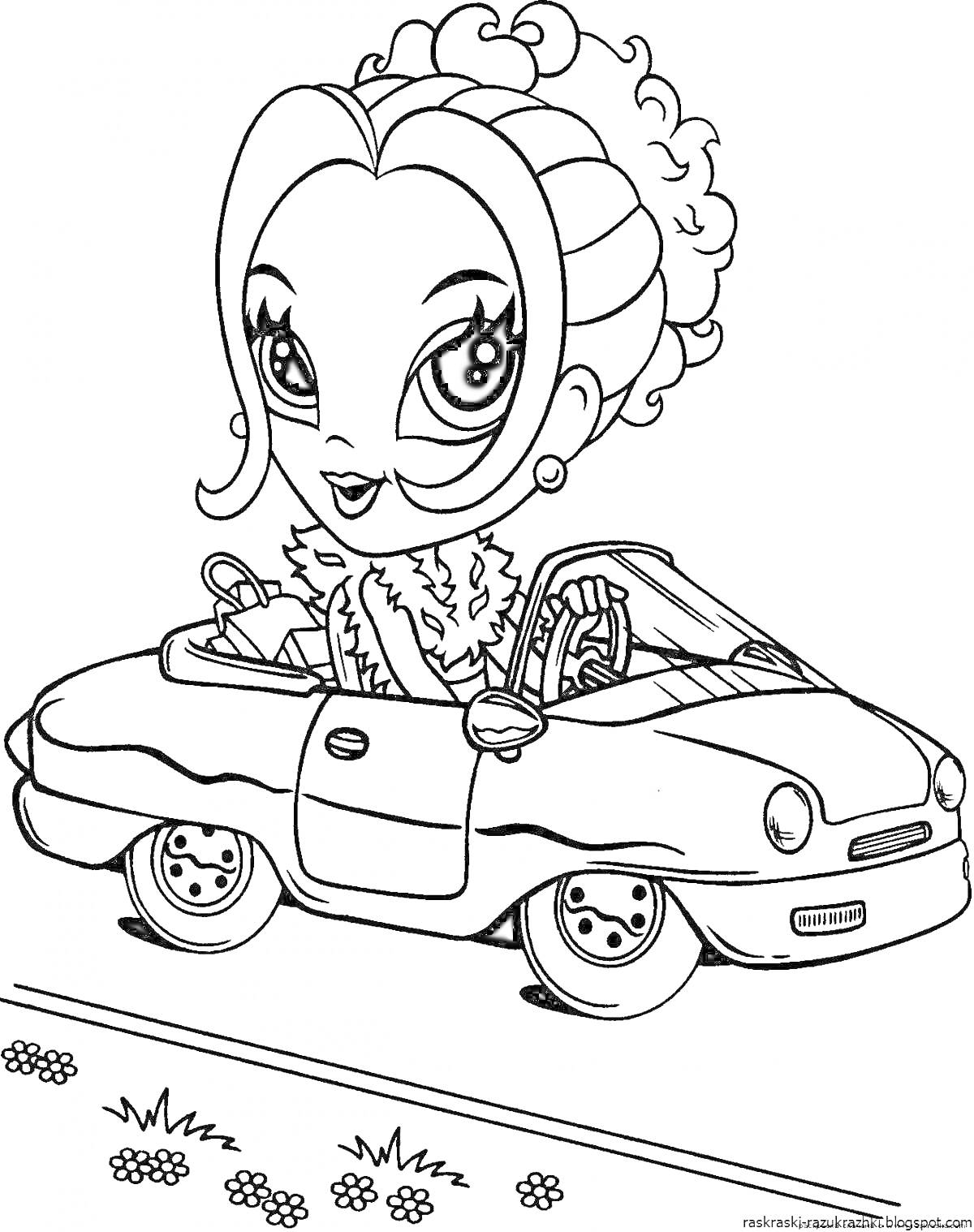 Раскраска Девочка в машине с локонами и сережками едет по дороге с цветами
