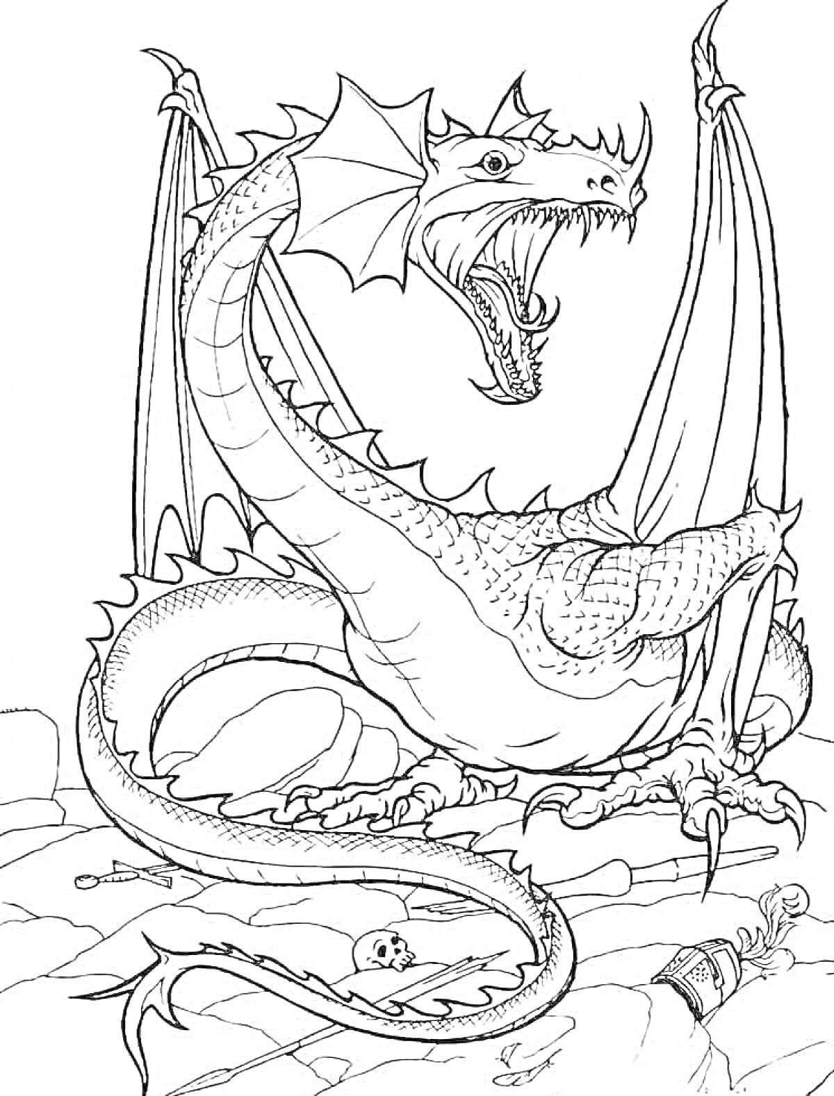 Раскраска дракон с расправленными крыльями на камнях, череп и кости у ног, бутылка и корона на земле