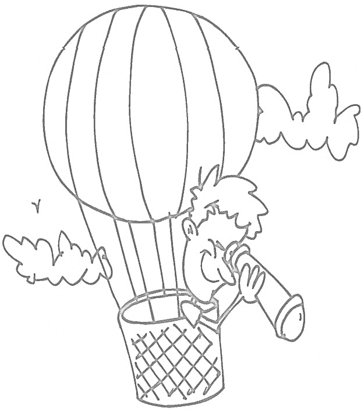На раскраске изображено: Мальчик, Корзина, Подзорная труба, Облака, Полет, Небо, Воздушные шары, Путешествия