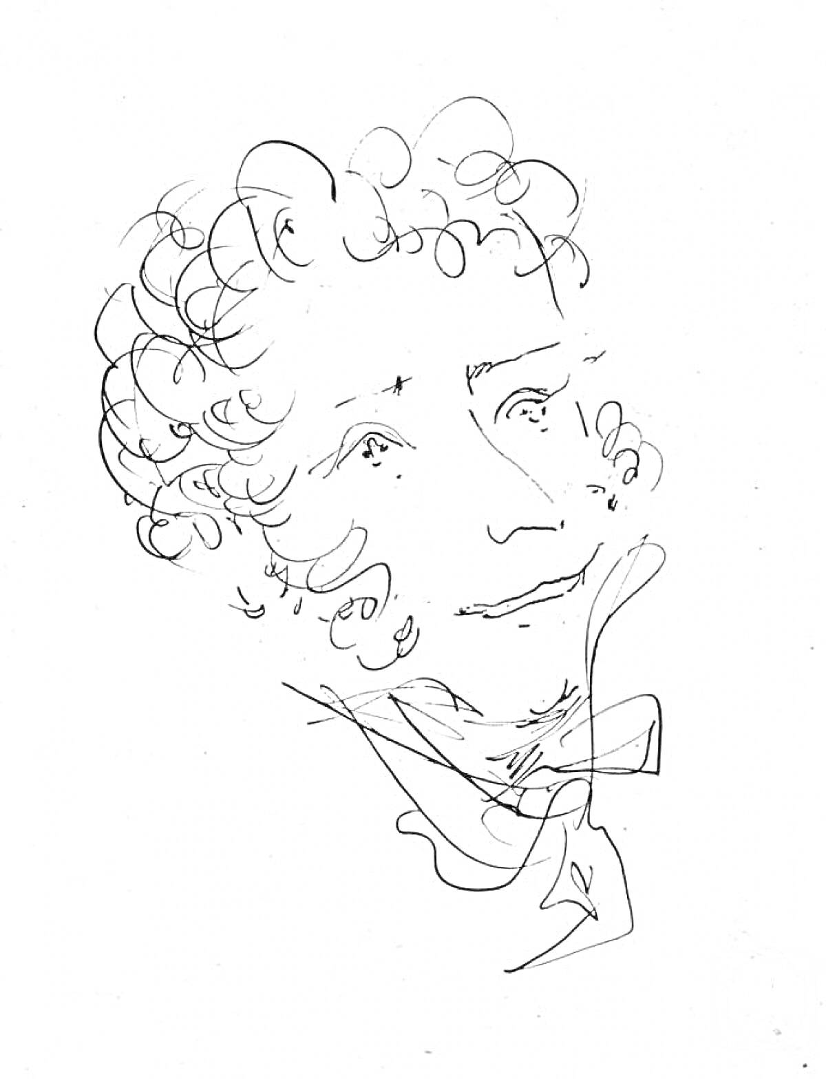 Раскраска Линейный рисунок лица человека с кудрявыми волосами и бабочкой на шее