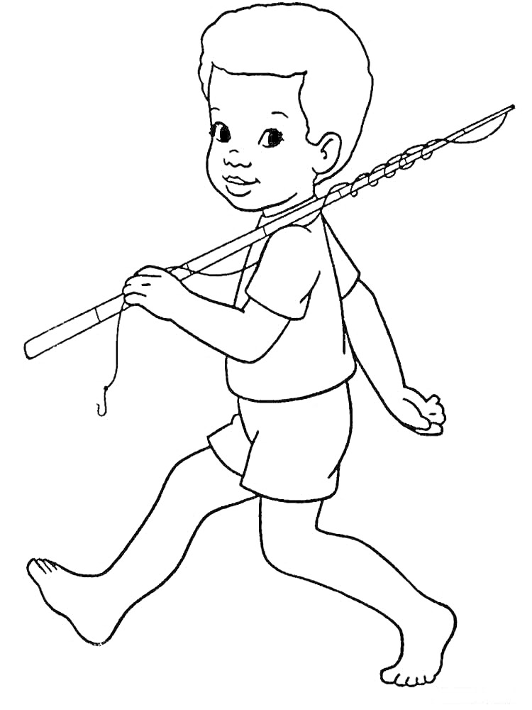 На раскраске изображено: Мальчик, Удочка, Рыбалка, Шорты, Шаги, Прически