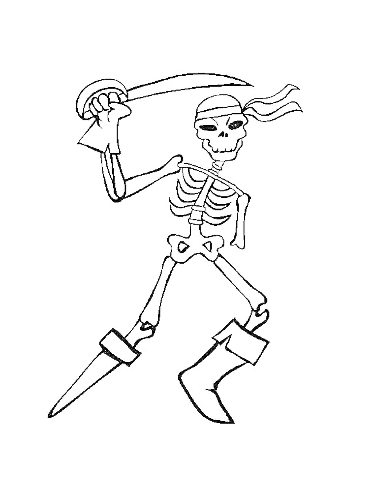 Раскраска Скелет-пират с повязкой на голове и саблей в руке