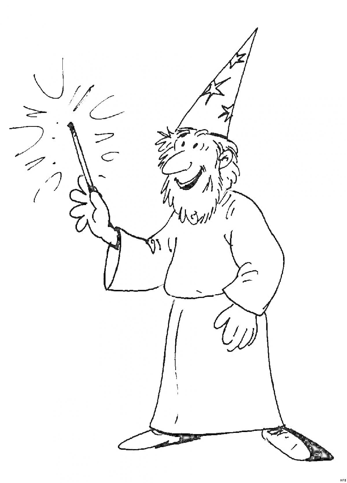 Раскраска Волшебник с волшебной палочкой и колпаком