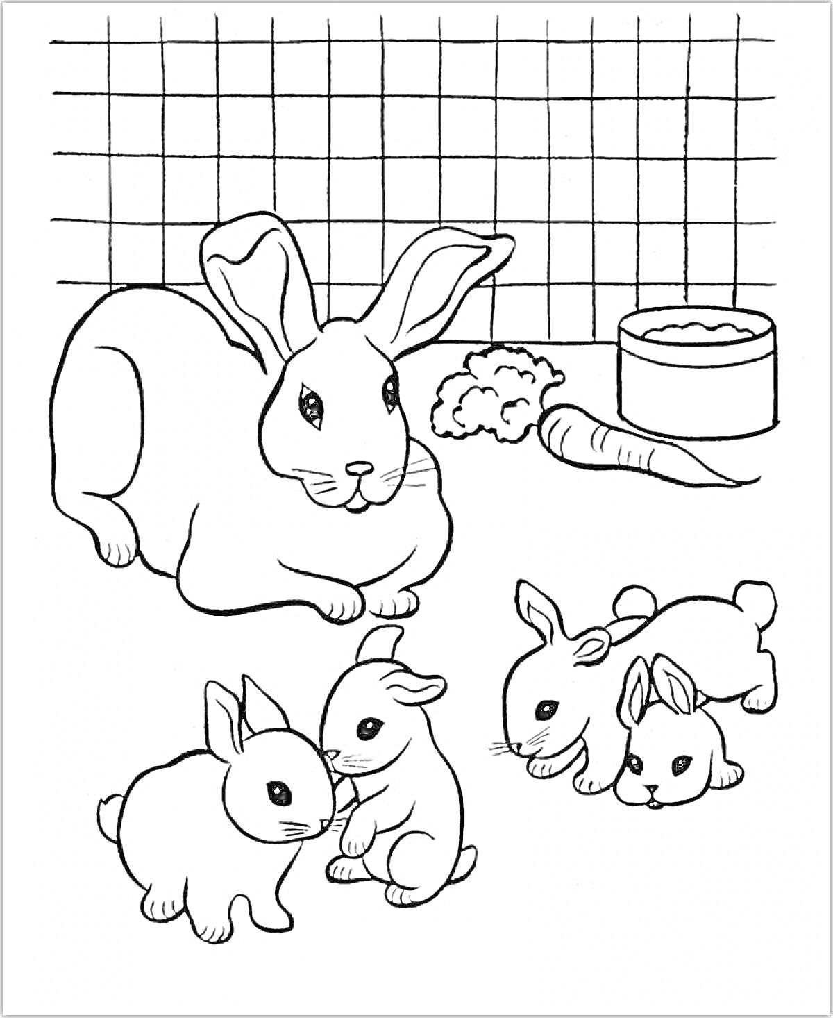 На раскраске изображено: Кролик, Морковь, Капуста, Миска, Забор, Питомец, Для детей, Животные