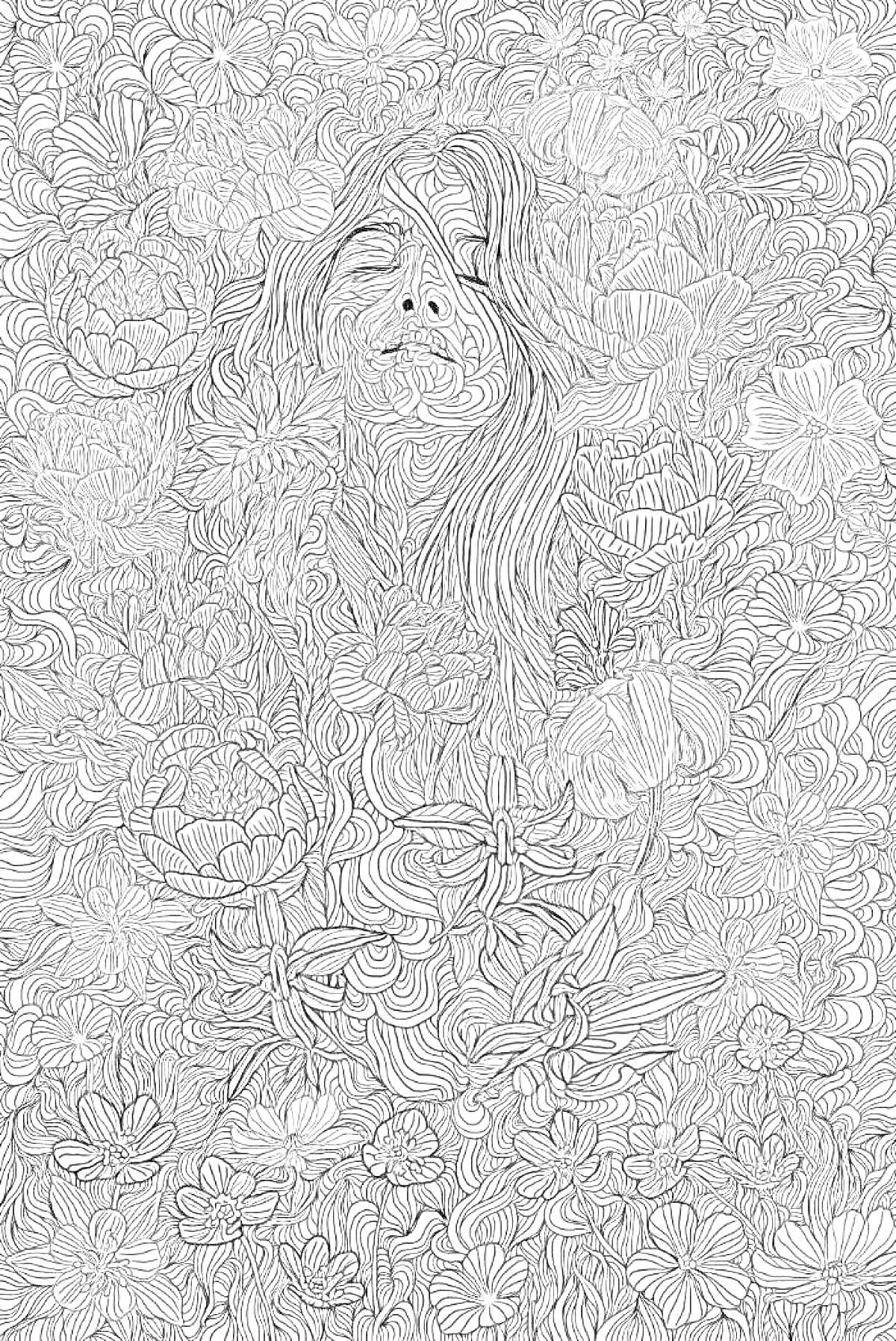 Раскраска Лицо женщины среди множества сложных цветочных узоров и лепестков