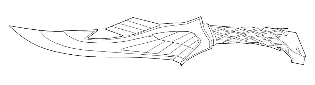 Раскраска Клинок с угловатыми элементами, обтекаемой рукоятью и прочными отделкой лезвия