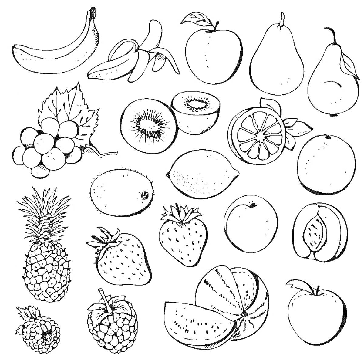 Раскраска Банан, нарезанный банан, груша, яблоко, гроздь винограда, киви, нарезанное киви, лимон, апельсин, ананас, клубника, персик, малина, арбуз, яблоко.