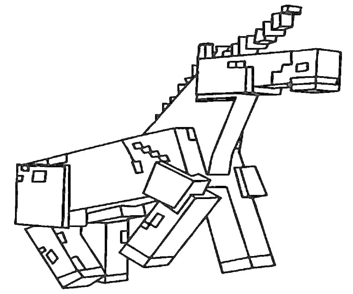 Раскраска пиксельный дракон со сложенными крыльями и поднятой головой из Майнкрафт