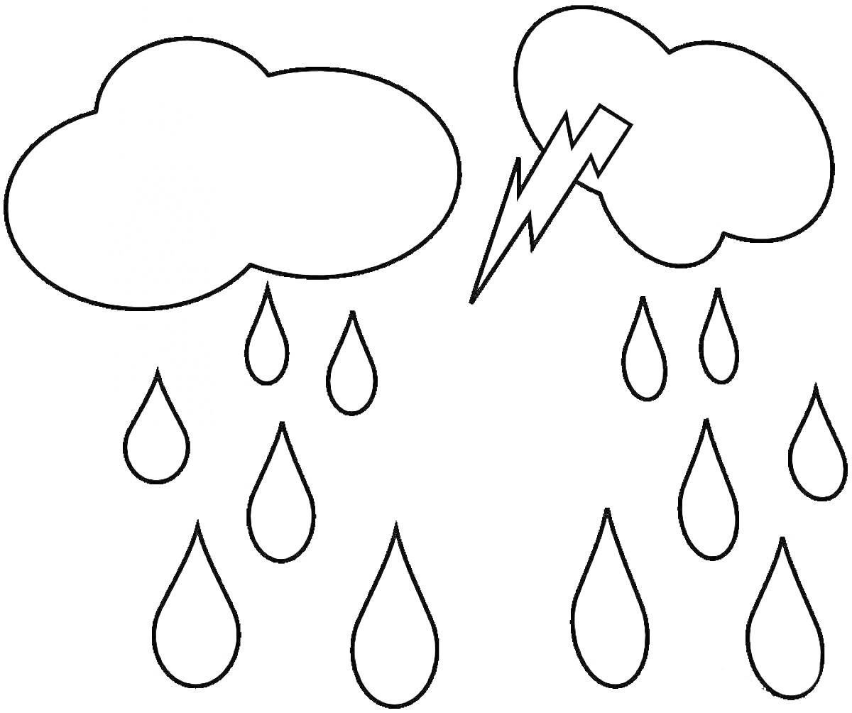 На раскраске изображено: Облака, Дождь, Молния, Капли, Погода, Природа