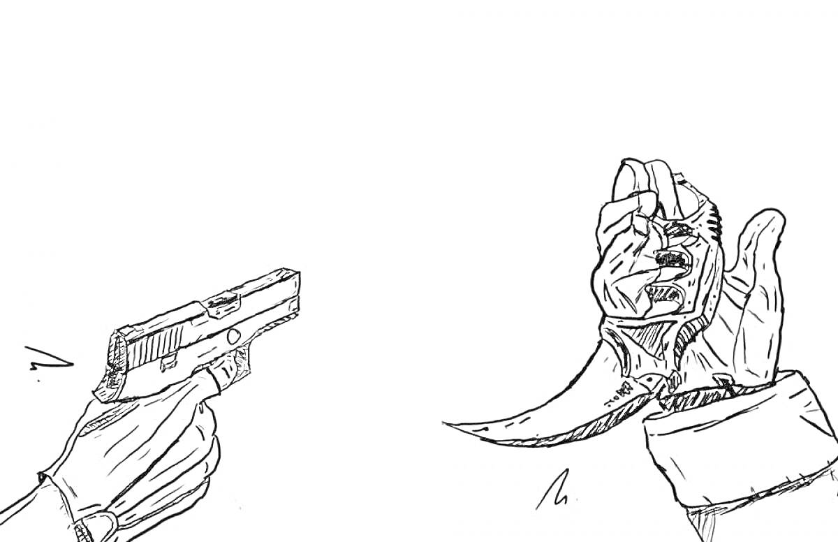 Раскраска Пистолет в правой руке и нож-керамбит в левой руке