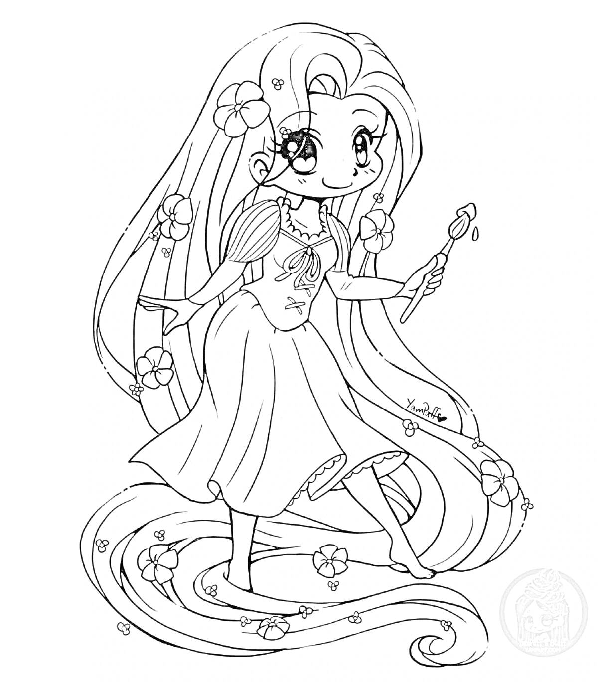 Раскраска Девочка с длинными волосами, цветами и волшебной палочкой
