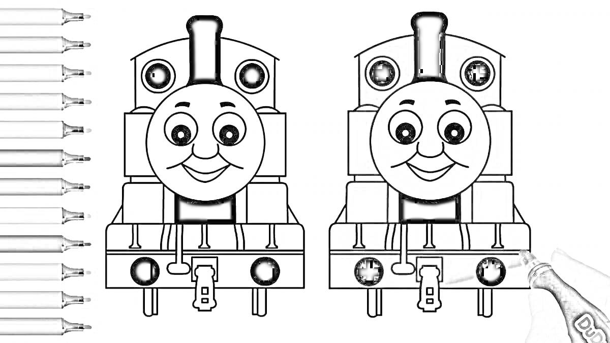 Раскраска раскраска с изображением антропоморфного поезда с улыбкой, с несколькими карандашами разных цветов слева и рукой, раскрашивающей одну из двух картинок справа