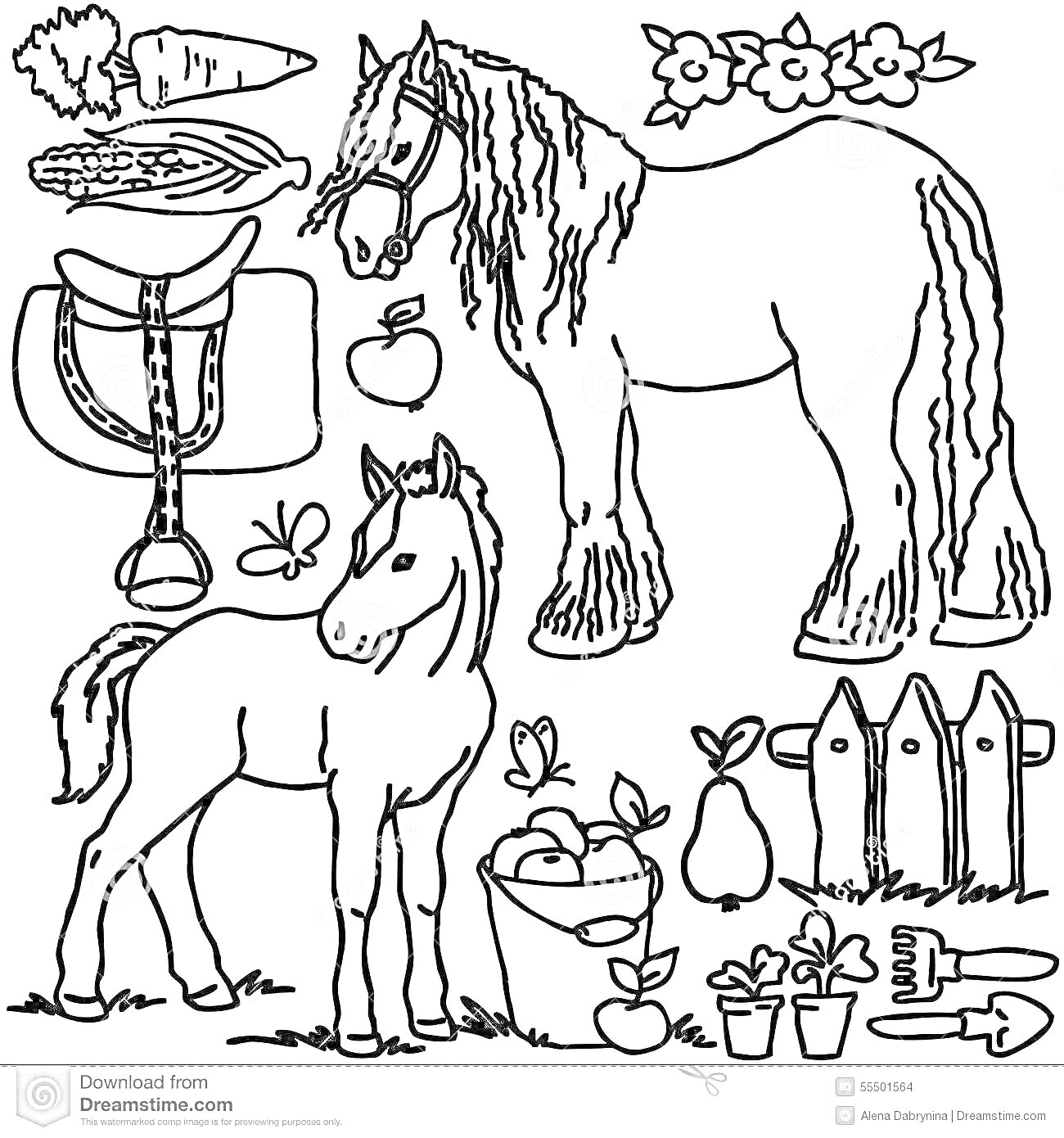На раскраске изображено: Лошадь, Жеребенок, Седло, Яблоко, Морковь, Кукуруза, Цветы, Бабочка, Забор, Лопата