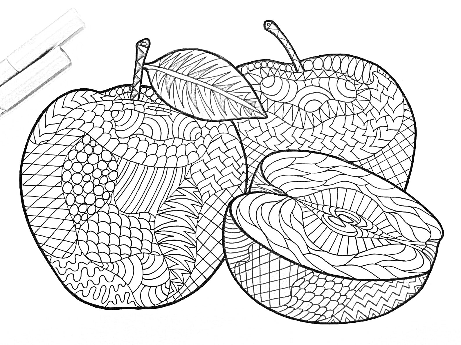 Раскраска Антистресс раскраска с яблоками - целые яблоки, яблоки с листом, нарезанные яблоки, узоры антистресс