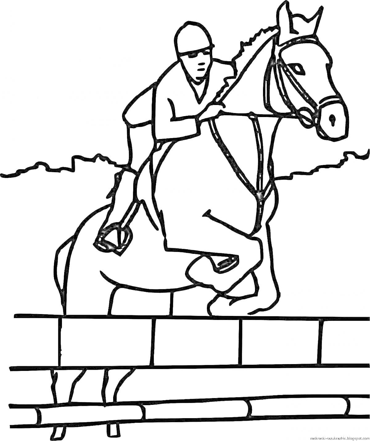 Раскраска всадник на лошади, прыгающей через препятствие
