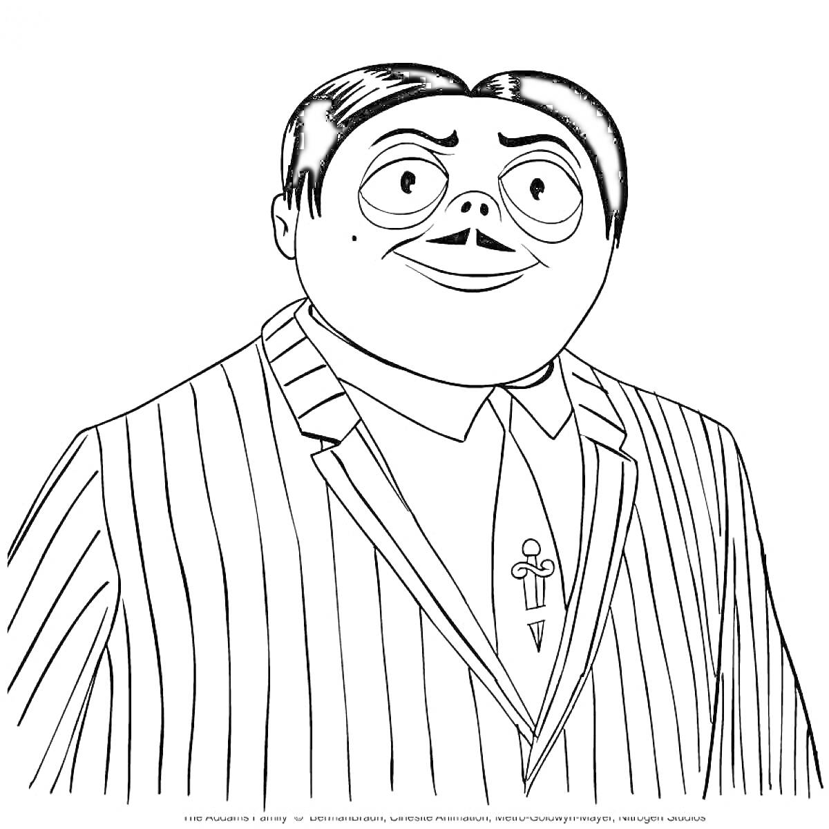 Раскраска мужской персонаж из семейки Аддамс в пиджаке в полоску крупным планом на раскраске