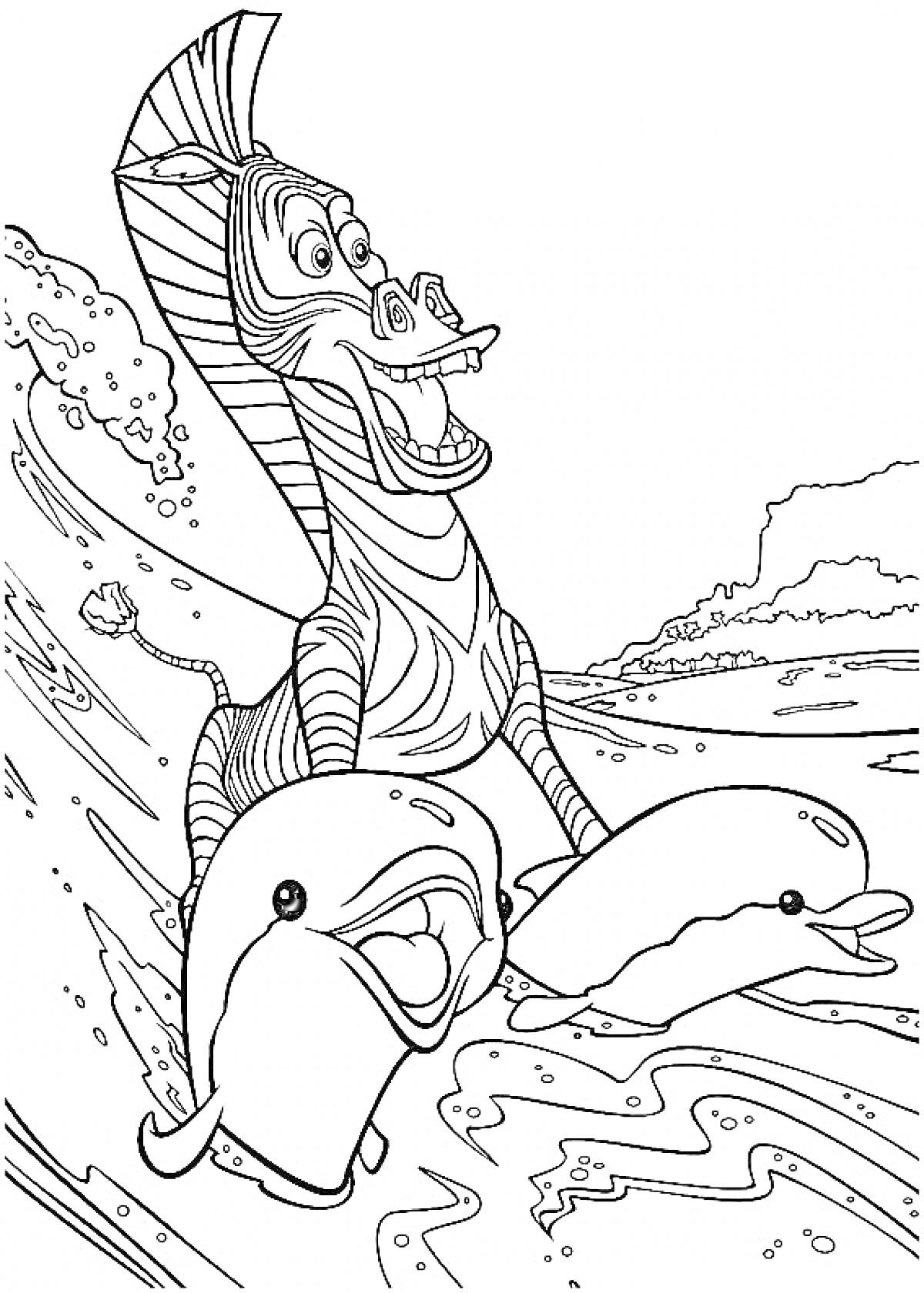 Раскраска Зебра катается на дельфинах по волнам