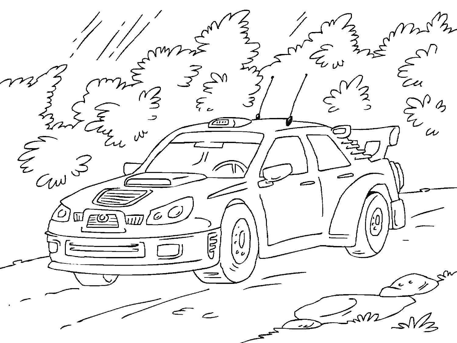 Раскраска Раскраска с автомобилем Субару на лесной дороге